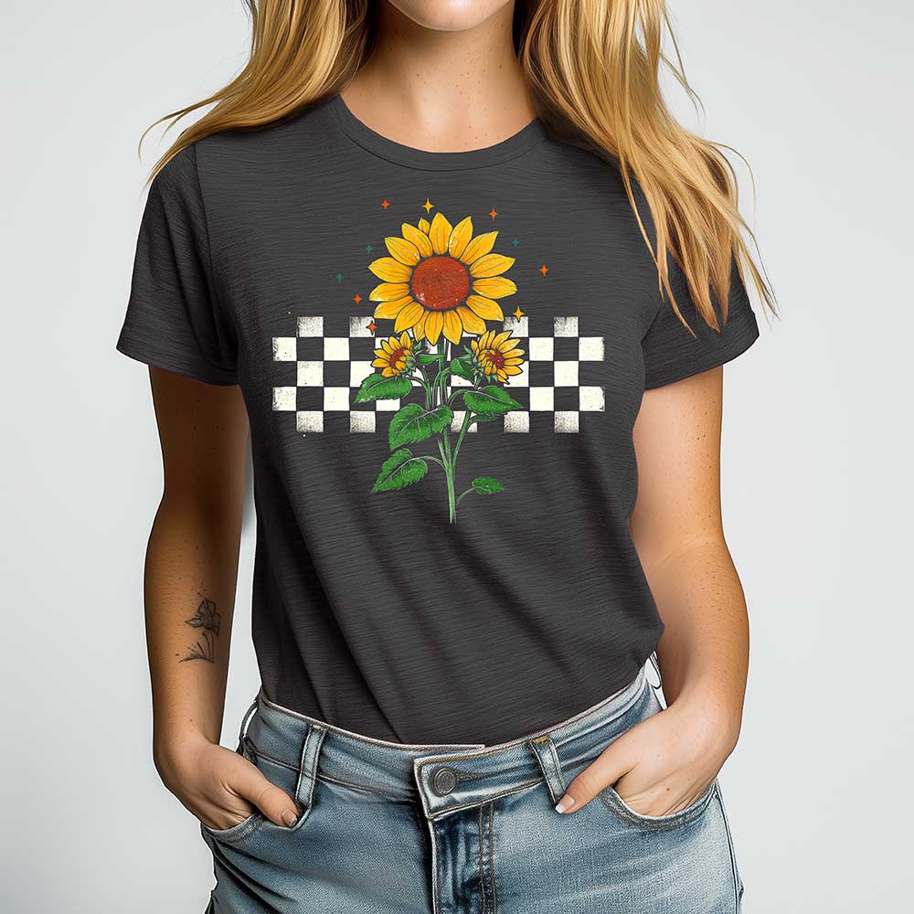Checkered Sunflower Crewneck Tshirt - Loftipop