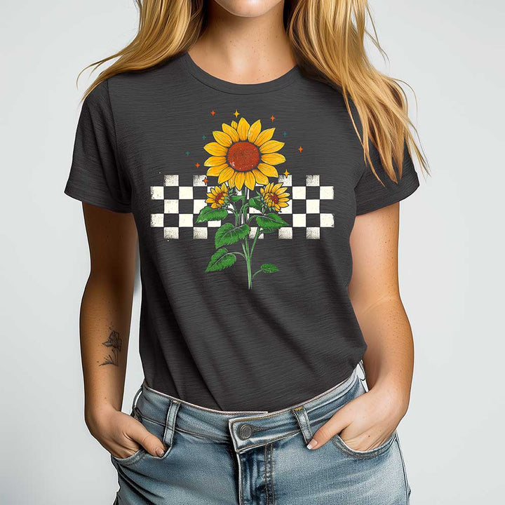 Checkered Sunflower Crewneck Tshirt - Loftipop