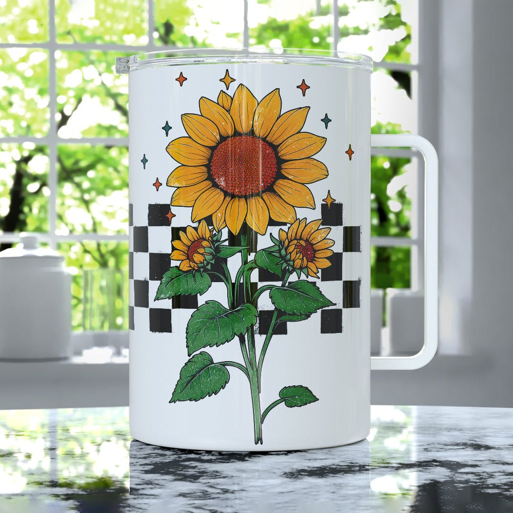 Checkered Sunflower Insulated Travel Mug - Loftipop