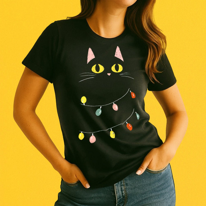 Festive Black Cat Crewneck T-Shirt - Loftipop