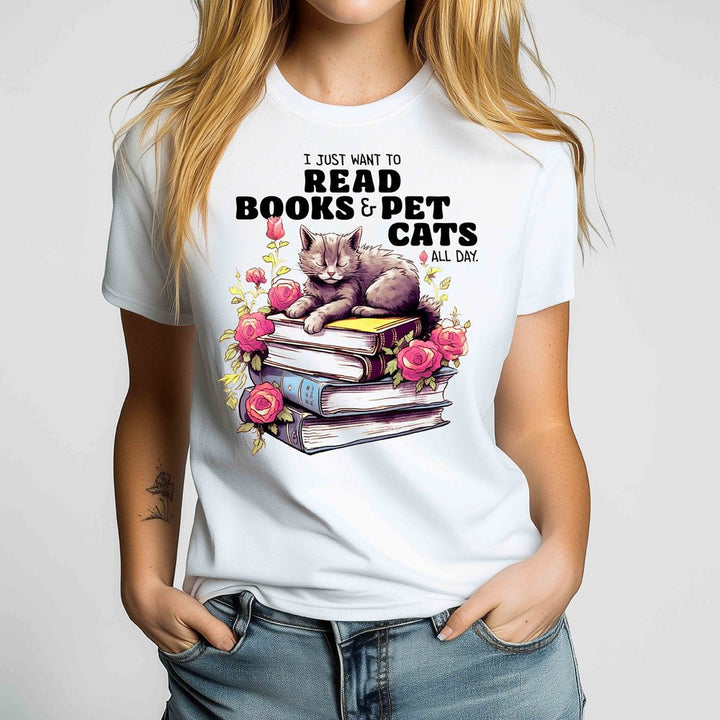 I Just Want To Read Books and Pet Cats Crewneck Tshirt - Loftipop