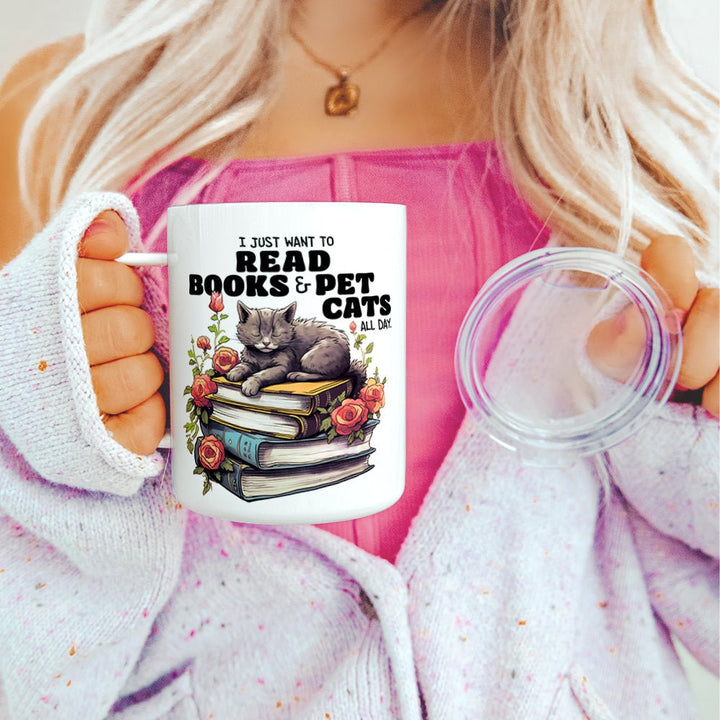 I Just Want to Read Books and Pet Cats Insulated Travel Mug - Loftipop