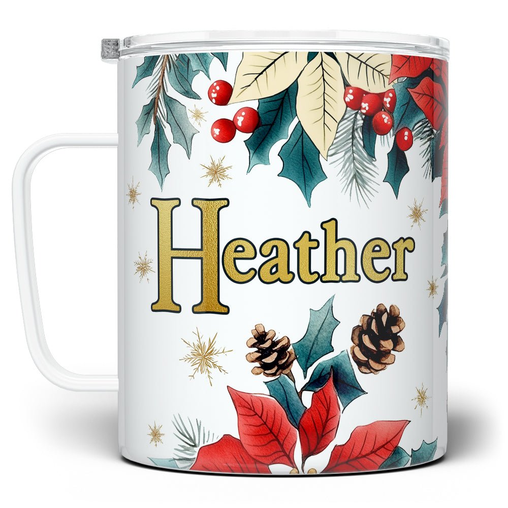 Personalized Name Christmas Floral Insulated Travel Mug - Loftipop