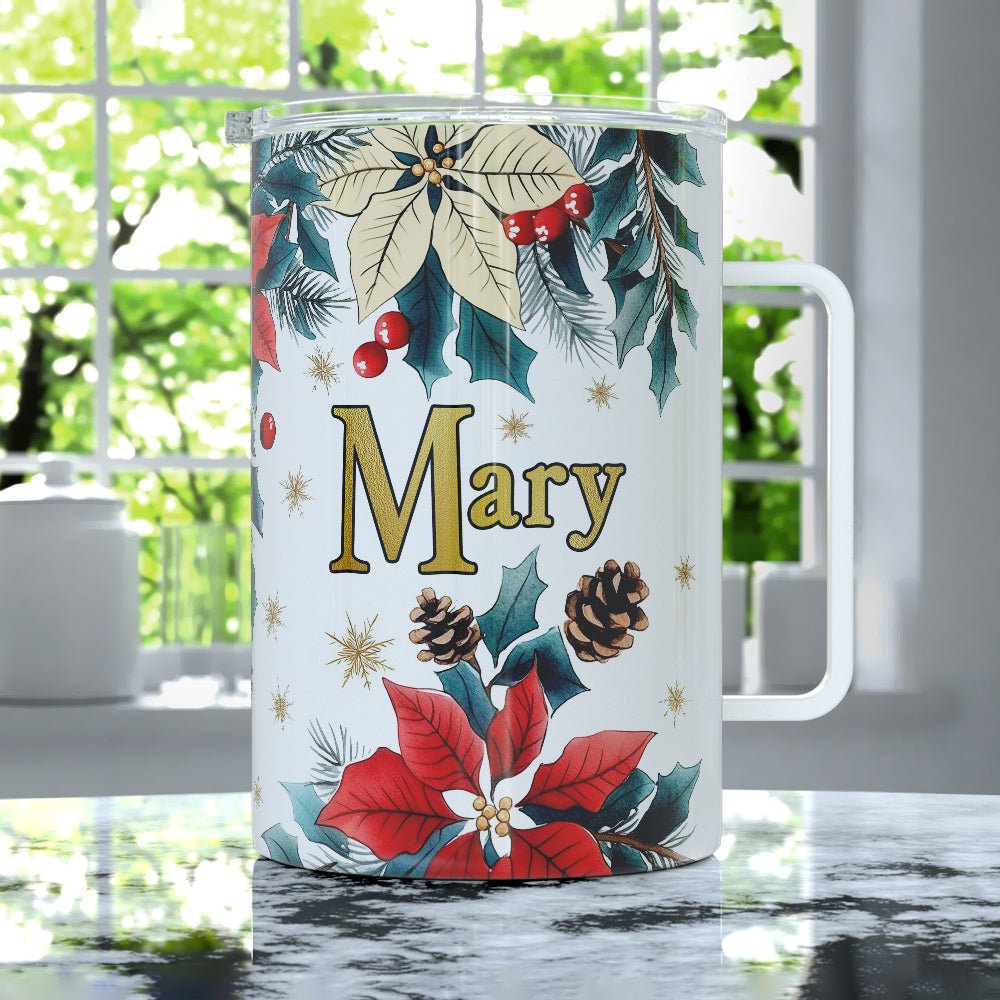 Personalized Name Christmas Floral Insulated Travel Mug - Loftipop