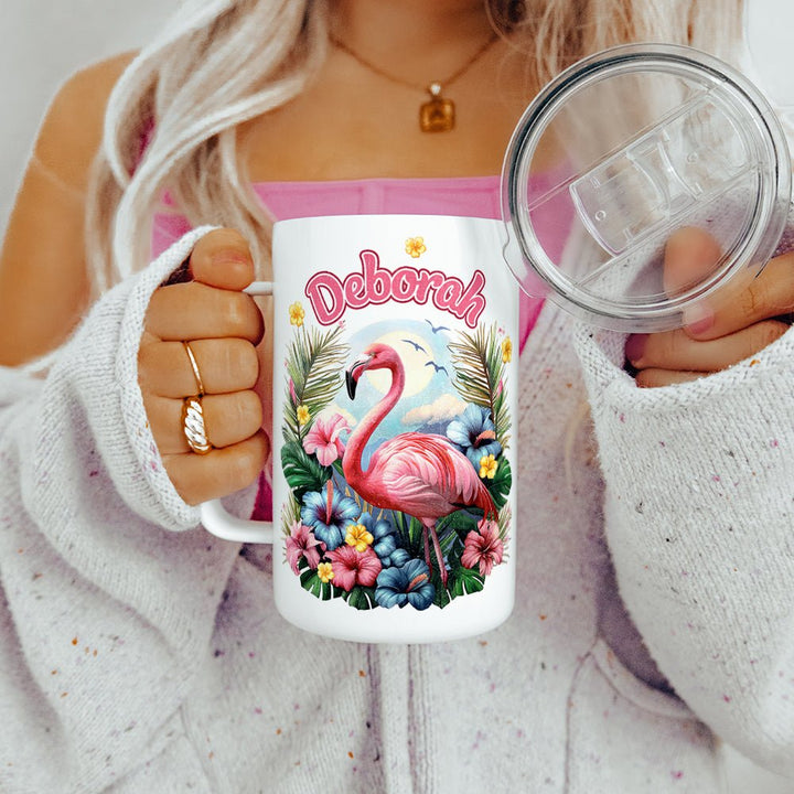 Personalized Name Tropical Flamingo Insulated Travel Mug - Loftipop