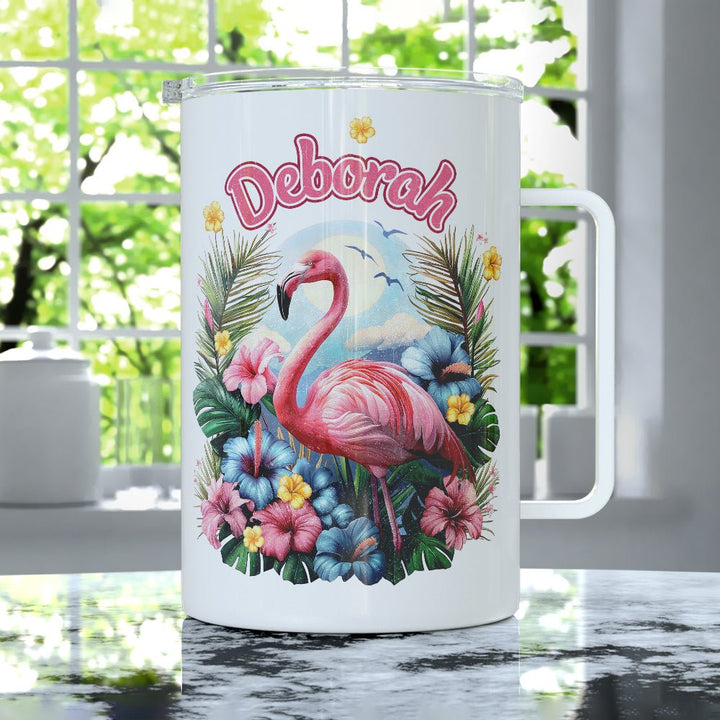 Personalized Name Tropical Flamingo Insulated Travel Mug - Loftipop