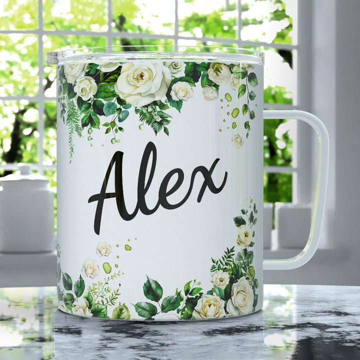 Personalized Name White Rose Insulated Travel Mug - Loftipop