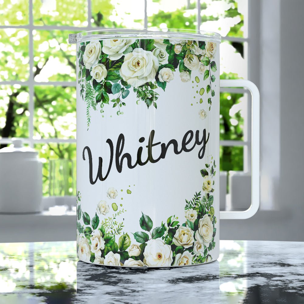 Personalized Name White Rose Insulated Travel Mug - Loftipop