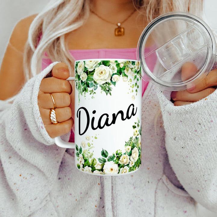 Personalized Name White Rose Insulated Travel Mug - Loftipop