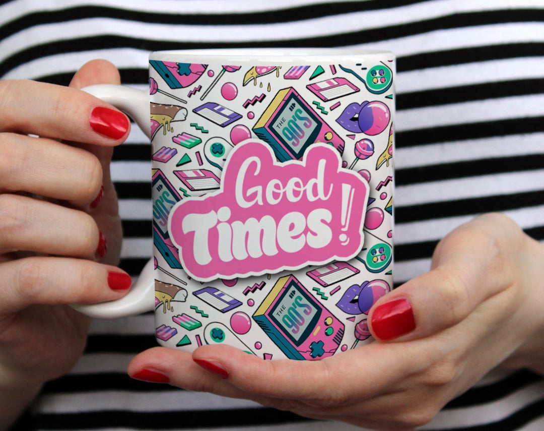 Good Times 1990's Retro Coffee Mug held by hands- Loftipop