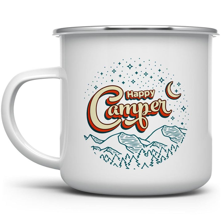 white camper mug that says Happy Camper Camper with mountains and stars