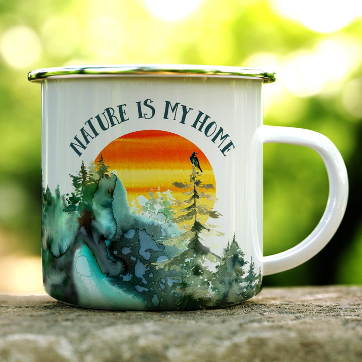 Nature is My Home Camp Mug on a log - Loftipop