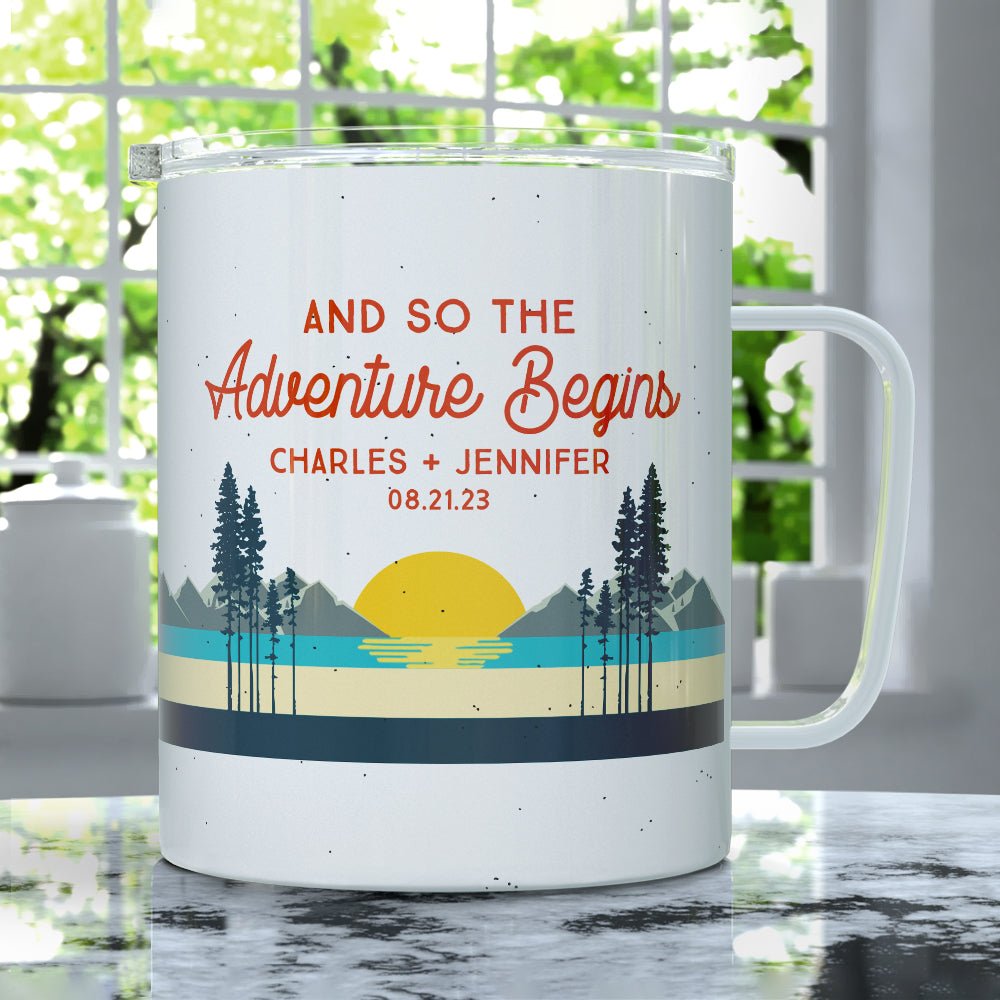 Personalized Couples Insulated Travel Mug - And So The Adventure Begins - Loftipop