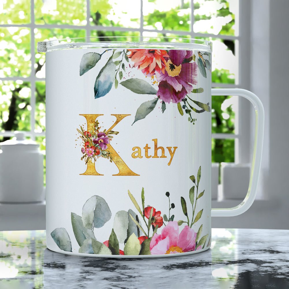 Personalized Name Floral Insulated Travel Mug - Loftipop