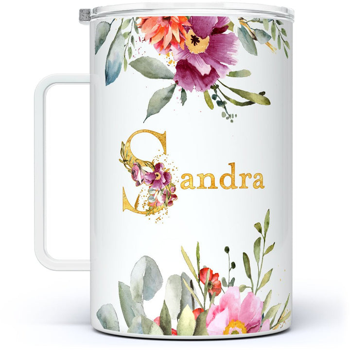 Personalized Name Floral Insulated Travel Mug - Loftipop