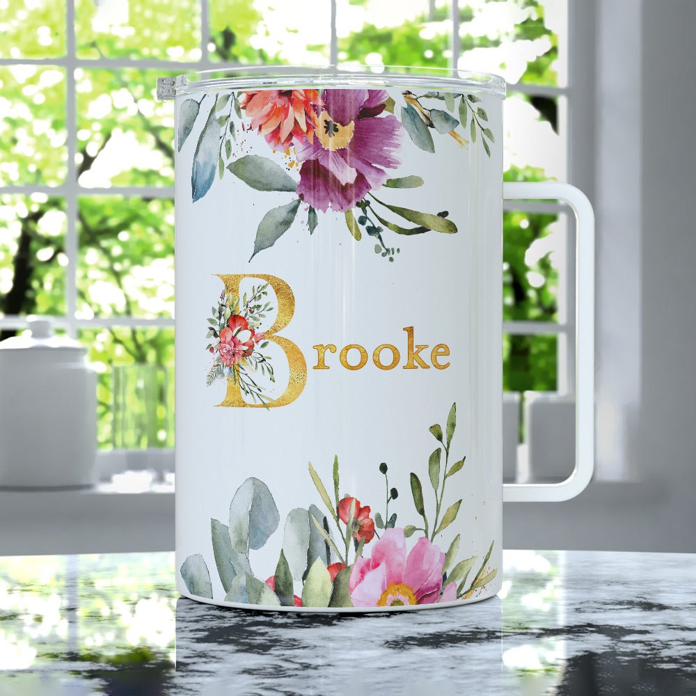 Personalized Name Floral Insulated Travel Mug - Loftipop