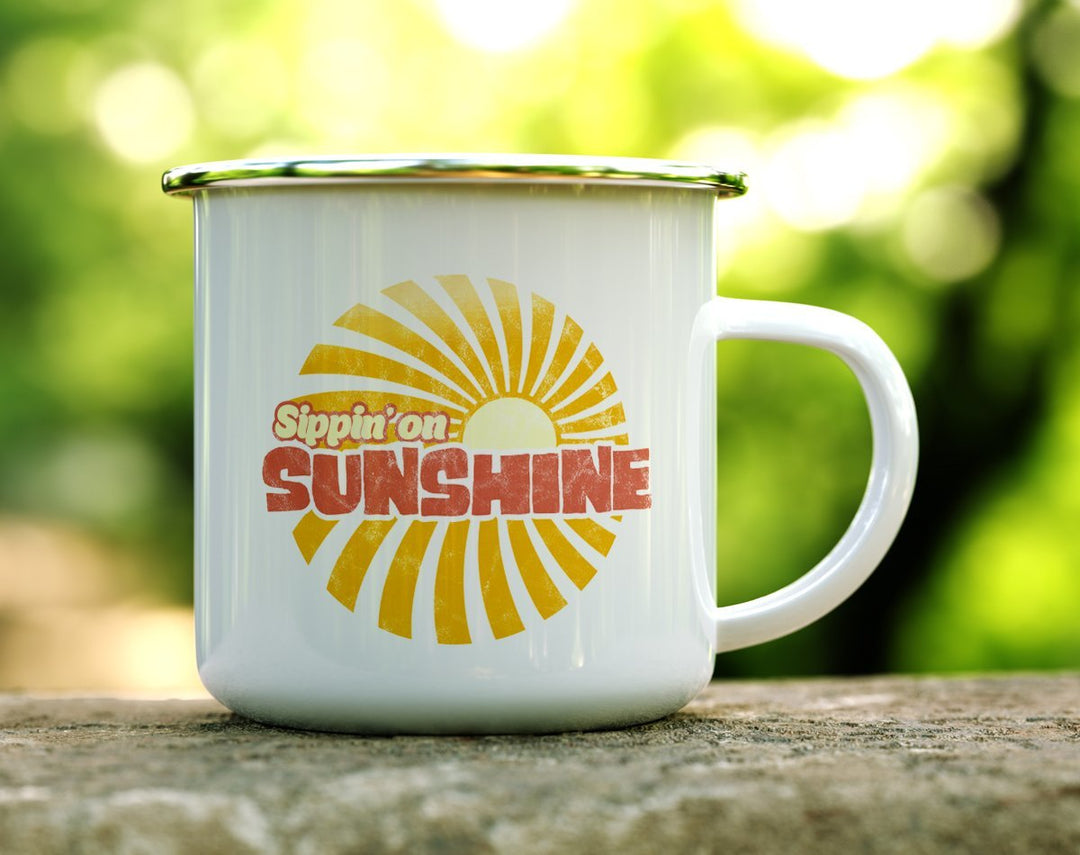 Sippin' On Sunshine Camp Mug on a log - Loftipop