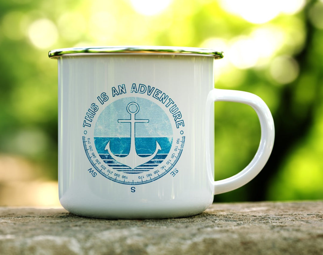 This is an Adventure Camp Mug on a log - Loftipop