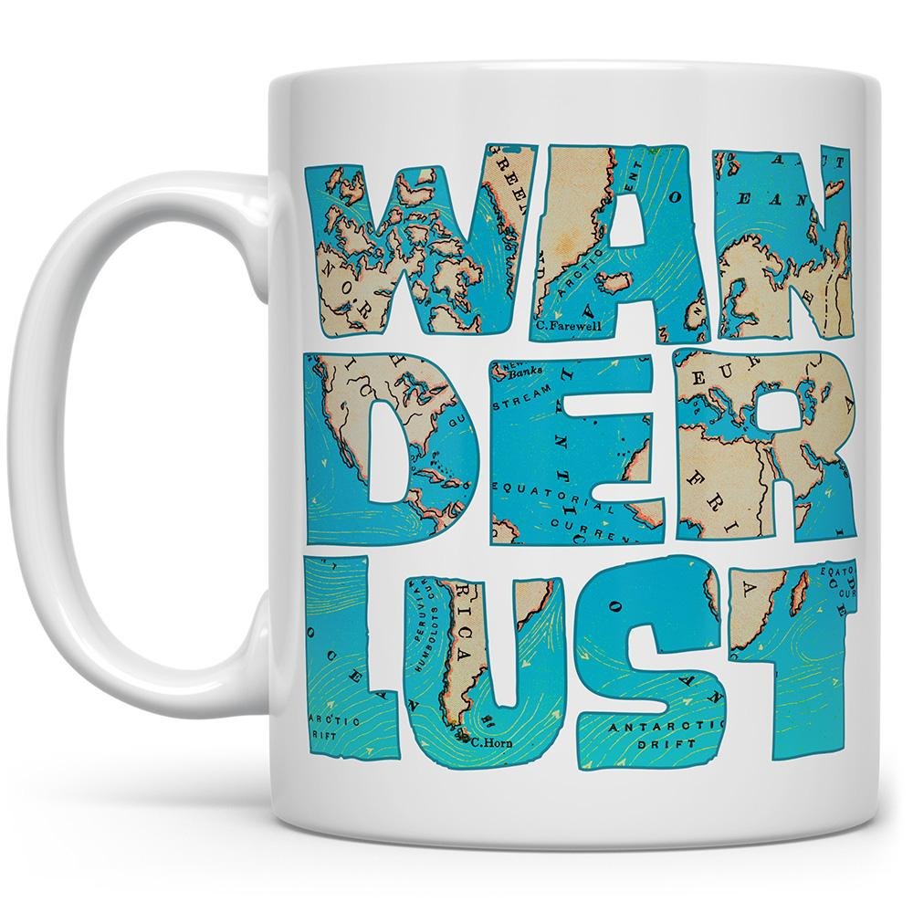 Wanderlust Mug with a map in the words - Loftipop